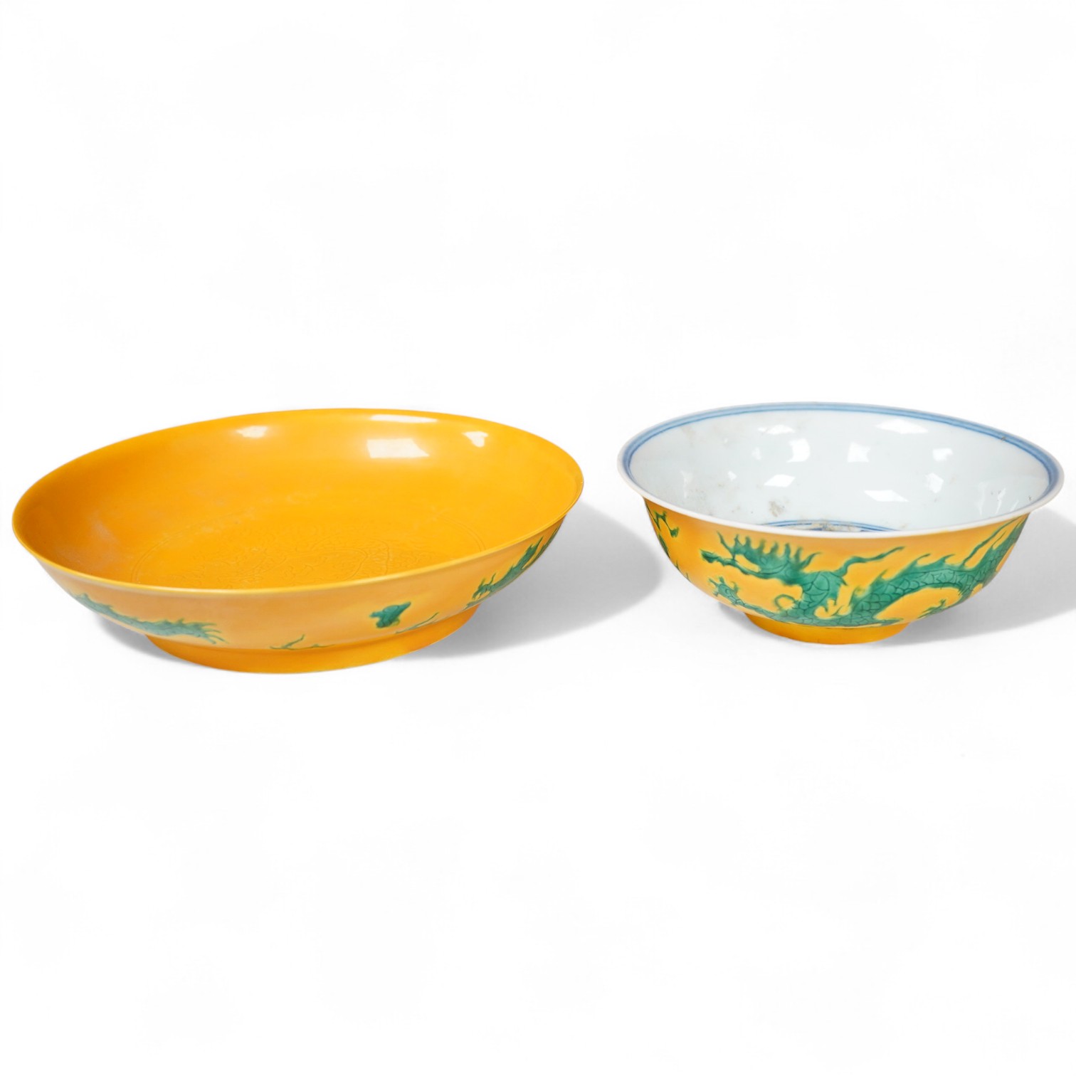 A Chinese yellow ground ‘dragon’ dish and bowl, Ming dynasty marks but later, 19cm diameter